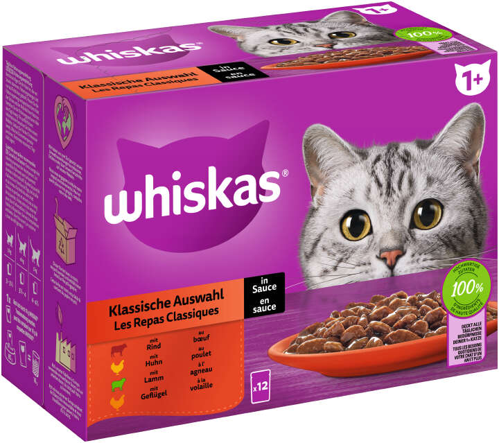 whiskas Katzen-Nassfutter Portionsbeutel Multipack 1+ Klassische Auswahl in Sauce 12 x 85g